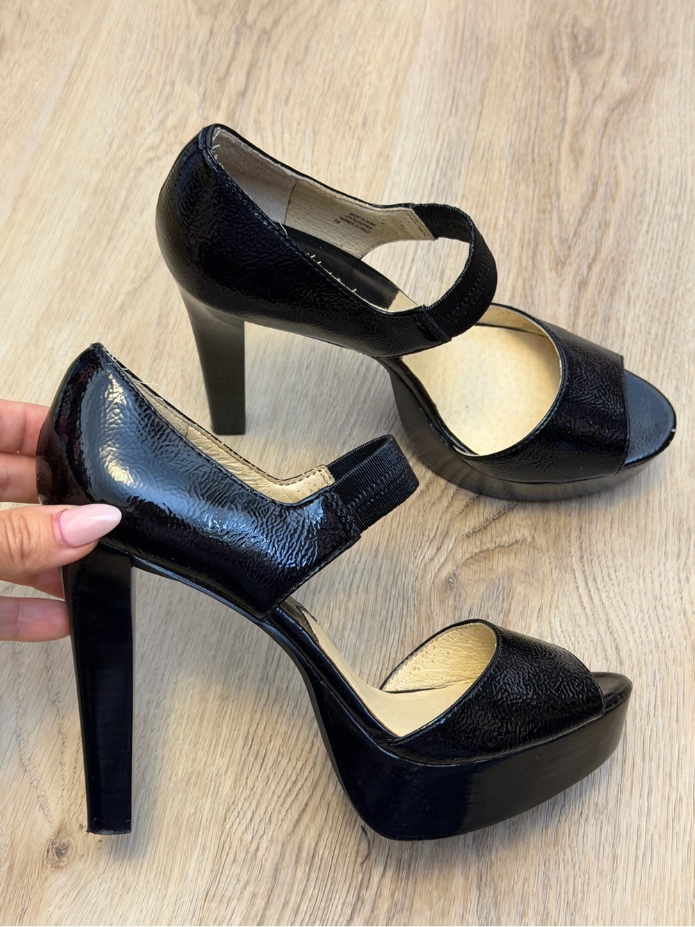 MICHAEL Michael Kors Hanna Platform Crinkle Black Patent Leather Heels